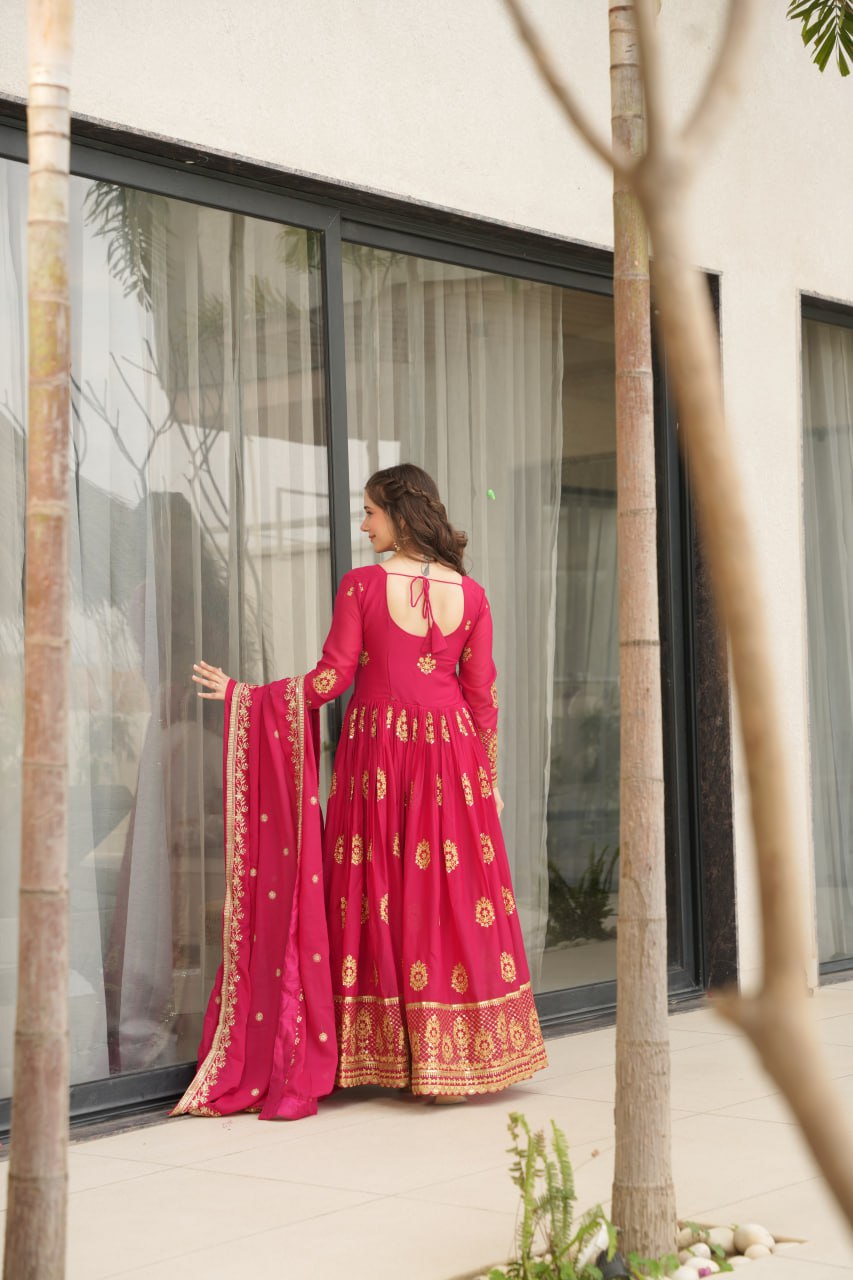 Red Lunching New Trending Collection Ready To Wear In Embroidery And Sequins Work Beautiful Gown With Heavy Dupatta