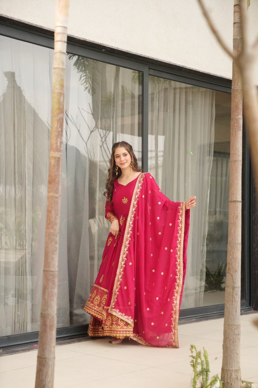 Red Lunching New Trending Collection Ready To Wear In Embroidery And Sequins Work Beautiful Gown With Heavy Dupatta