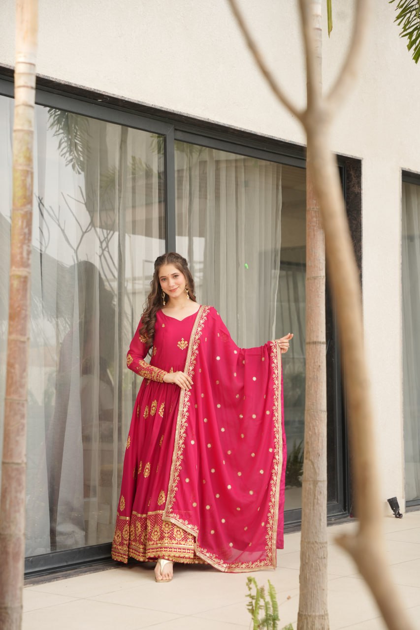 Red Lunching New Trending Collection Ready To Wear In Embroidery And Sequins Work Beautiful Gown With Heavy Dupatta