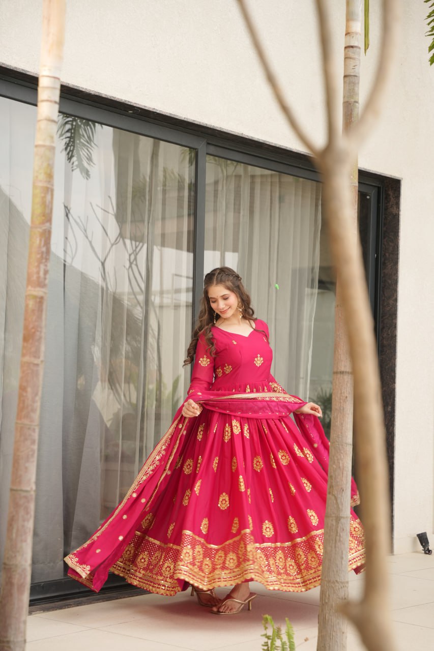 Red Lunching New Trending Collection Ready To Wear In Embroidery And Sequins Work Beautiful Gown With Heavy Dupatta