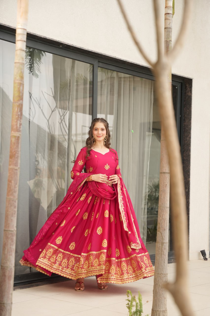Red Lunching New Trending Collection Ready To Wear In Embroidery And Sequins Work Beautiful Gown With Heavy Dupatta