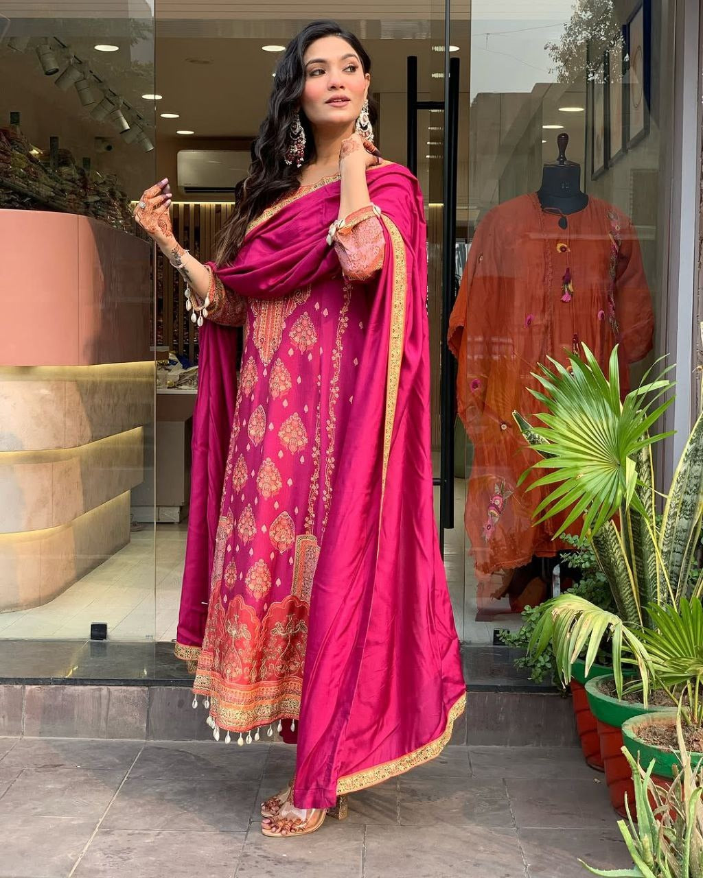Dark pink Elegant Ethnic Suit Set with Woven Dupatta Traditional Festive & Party Wear for Women