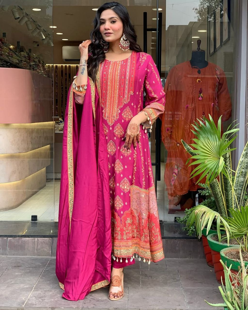 Dark pink Elegant Ethnic Suit Set with Woven Dupatta Traditional Festive & Party Wear for Women