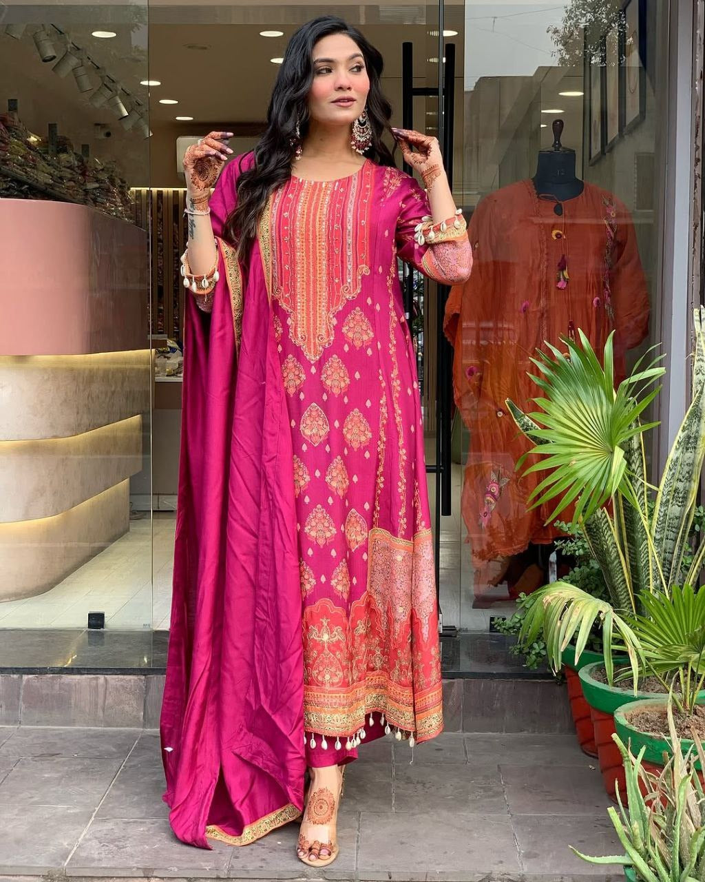 Dark pink Elegant Ethnic Suit Set with Woven Dupatta Traditional Festive & Party Wear for Women