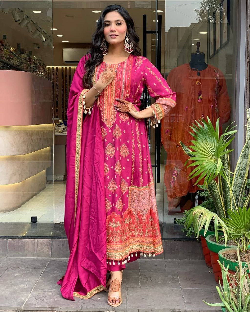 Dark pink Elegant Ethnic Suit Set with Woven Dupatta Traditional Festive & Party Wear for Women