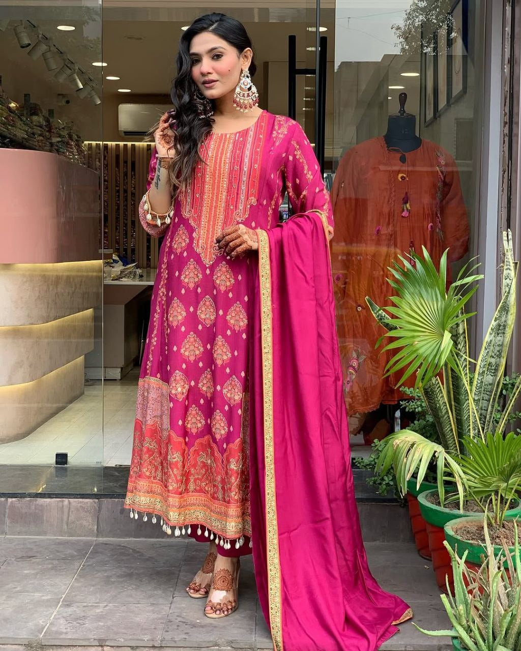 Dark pink Elegant Ethnic Suit Set with Woven Dupatta Traditional Festive & Party Wear for Women