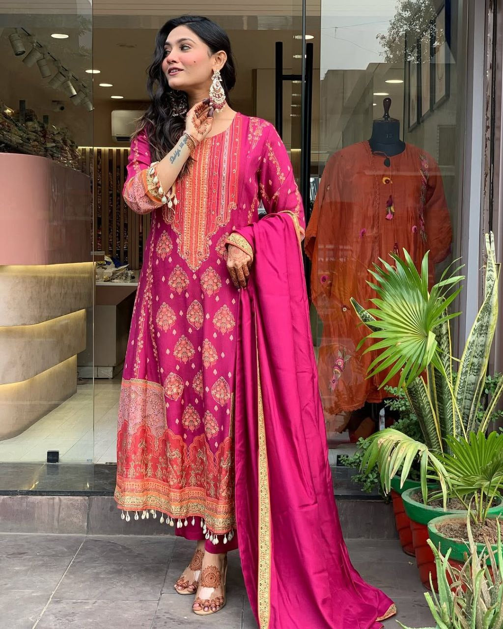 Dark pink Elegant Ethnic Suit Set with Woven Dupatta Traditional Festive & Party Wear for Women