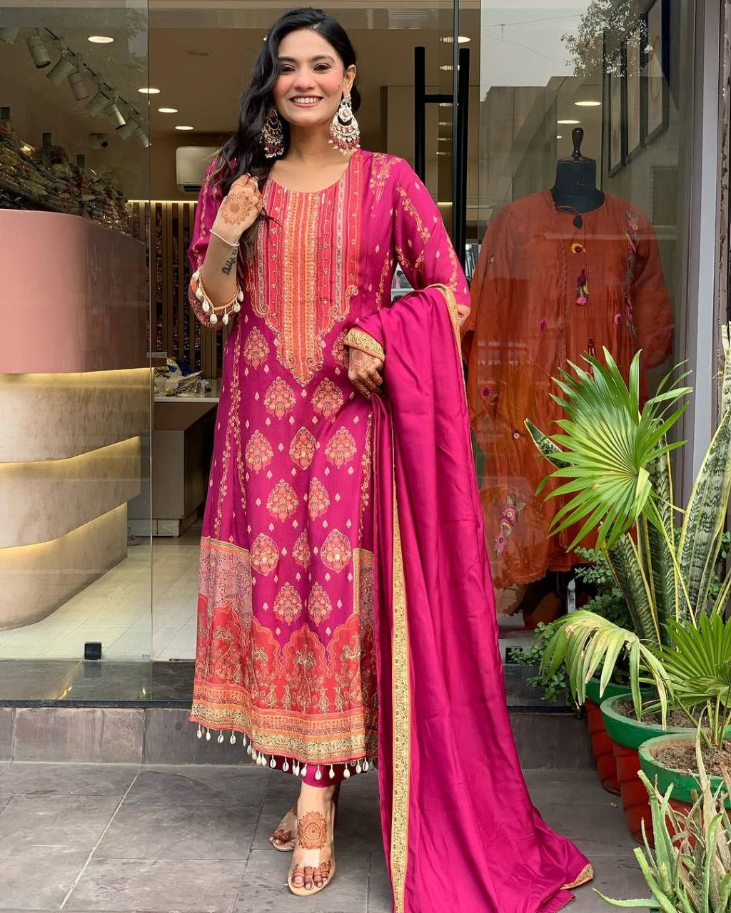 Dark pink Elegant Ethnic Suit Set with Woven Dupatta Traditional Festive & Party Wear for Women