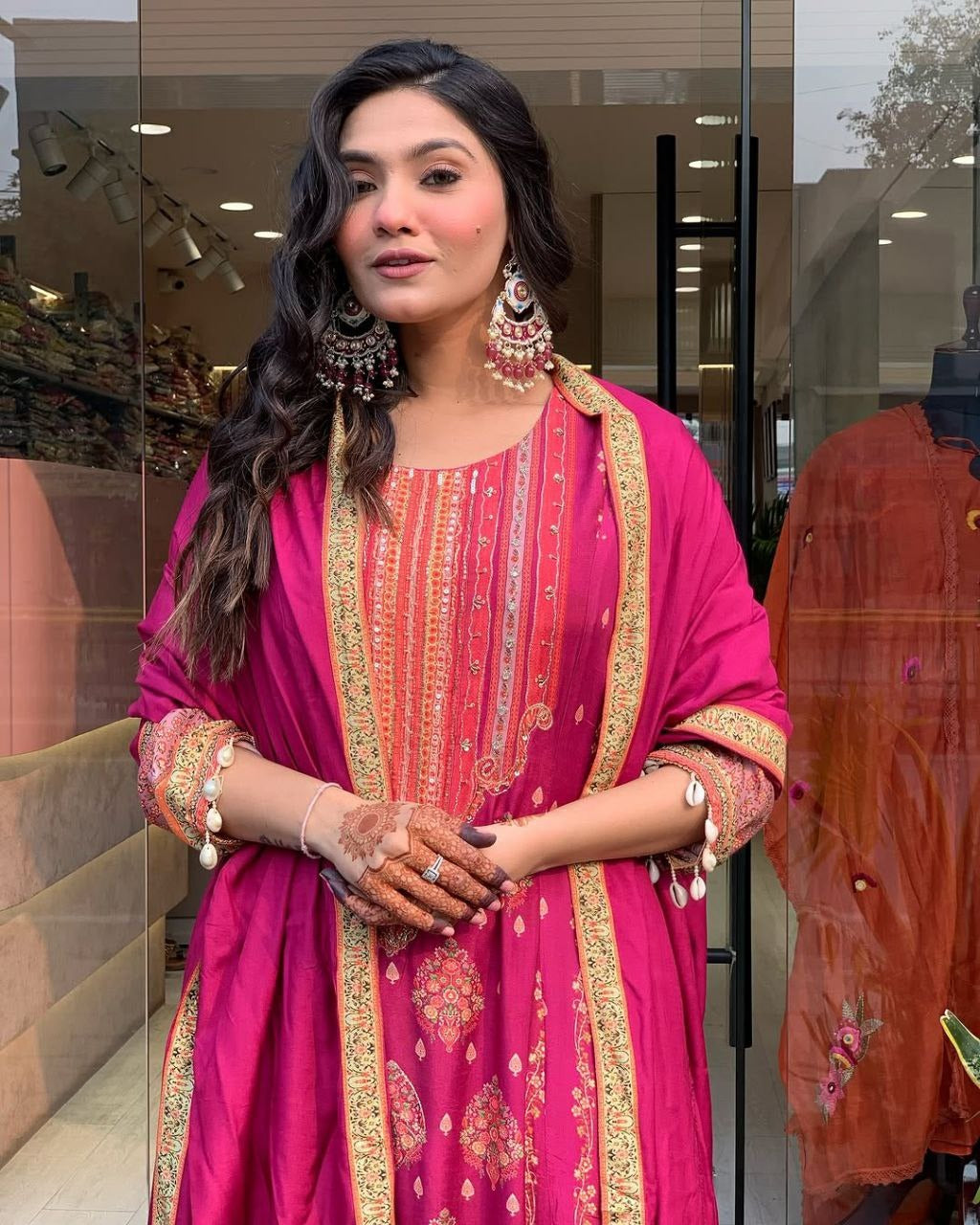 Dark pink Elegant Ethnic Suit Set with Woven Dupatta Traditional Festive & Party Wear for Women