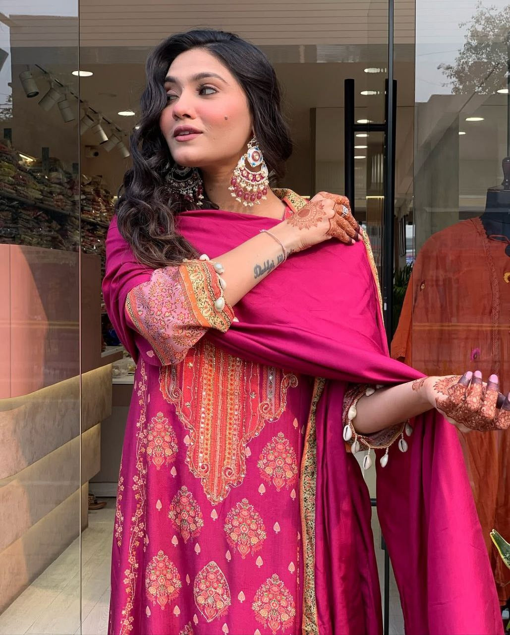 Dark pink Elegant Ethnic Suit Set with Woven Dupatta Traditional Festive & Party Wear for Women