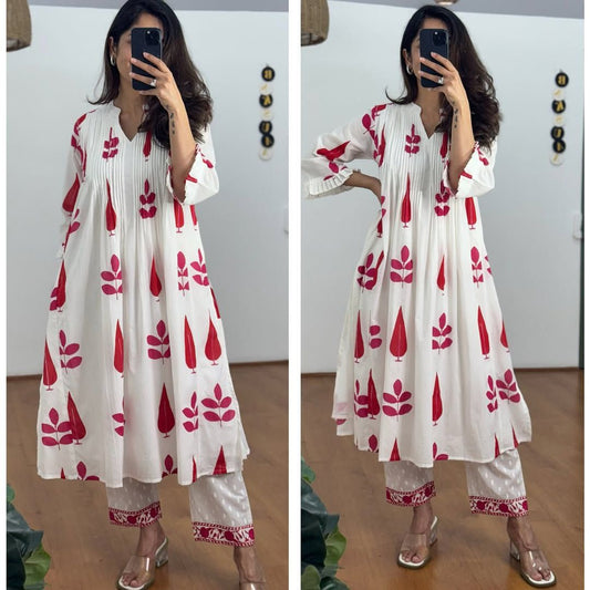 White & Pink Women Block Print Pure Cotton Aline Kurta With Pocket And Pant Best For Summer