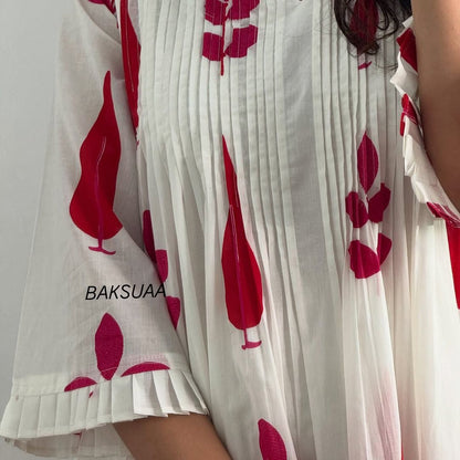 White & Pink Women Block Print Pure Cotton Aline Kurta With Pocket And Pant Best For Summer