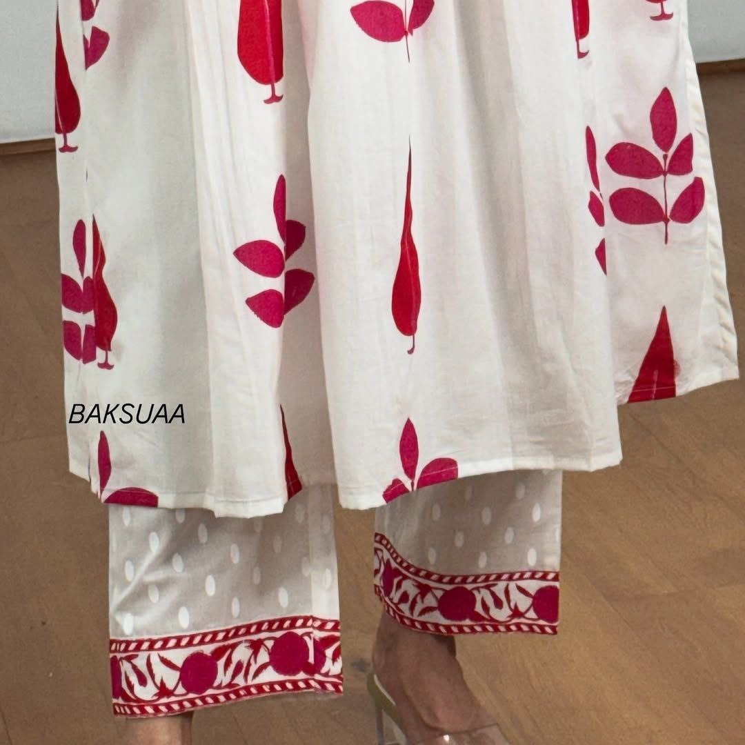 White & Pink Women Block Print Pure Cotton Aline Kurta With Pocket And Pant Best For Summer