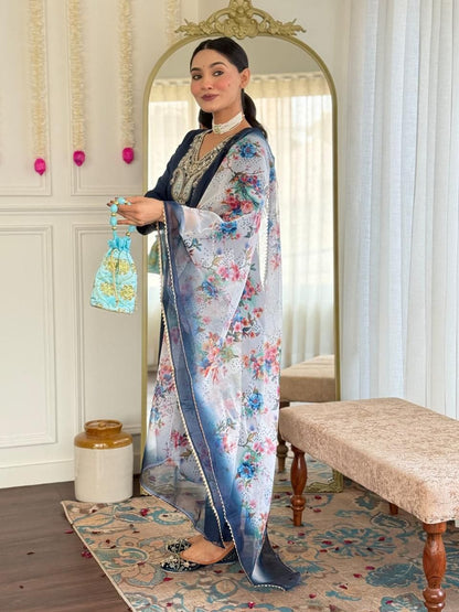 Blue Viscose Traditional Pant Suit With Bandhani Dupatta For Women
