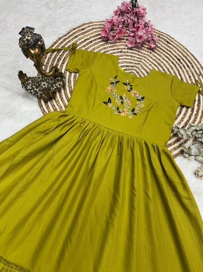 Mustard Yellow Cotton Floral Embroidery Printex Detailing Dress For Women