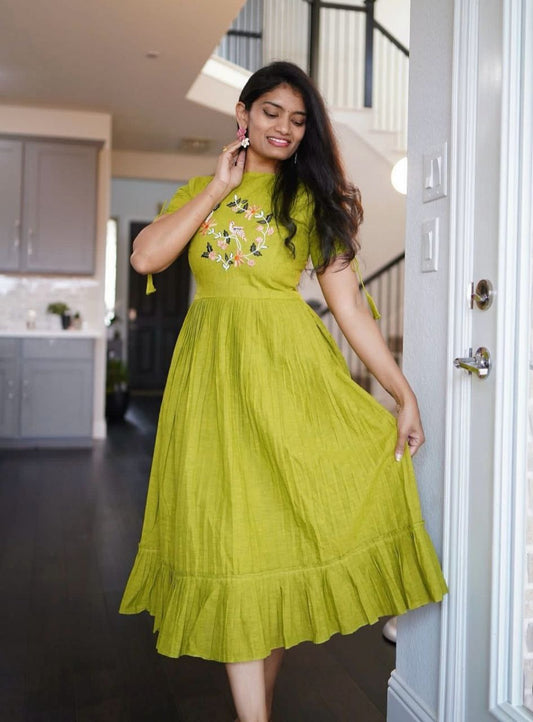 Mustard Yellow Cotton Floral Embroidery Printex Detailing Dress For Women