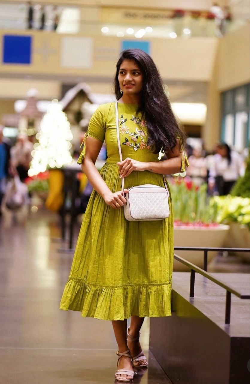 Mustard Yellow Cotton Floral Embroidery Printex Detailing Dress For Women