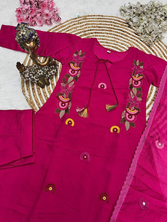 Radiant Magenta Embroidered Kurta Set with Tassel Detailing