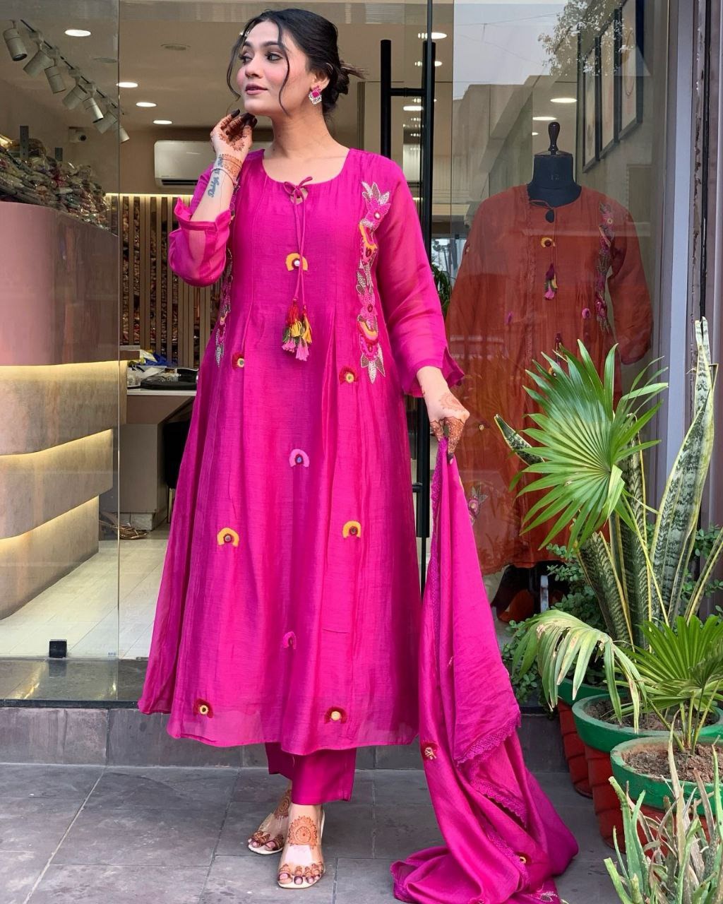 Radiant Magenta Embroidered Kurta Set with Tassel Detailing
