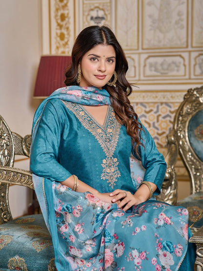 Teal Blue Kurti Pant and dupatta set For Women