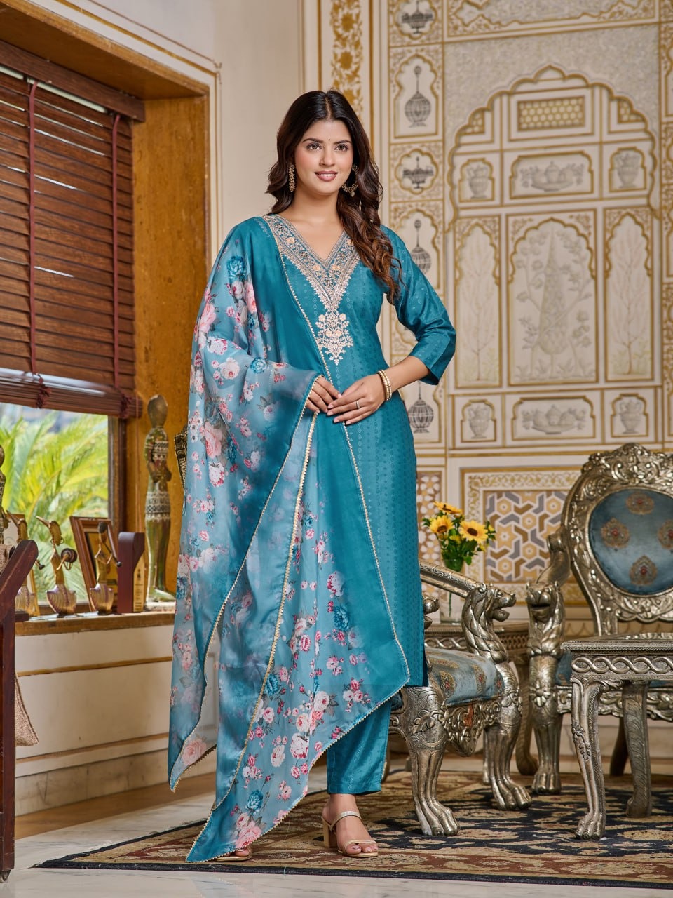 Teal Blue Kurti Pant and dupatta set For Women