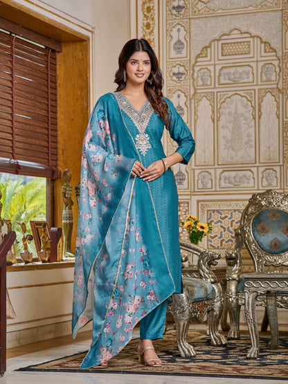 Teal Blue Kurti Pant and dupatta set For Women