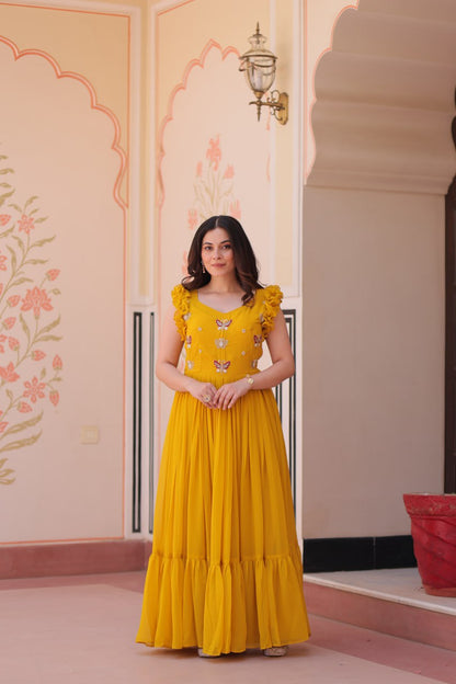 Yellow Floral Embroidered Anarkali Gown Long Gown Sequin Embroidered Anarkali Floral Gown