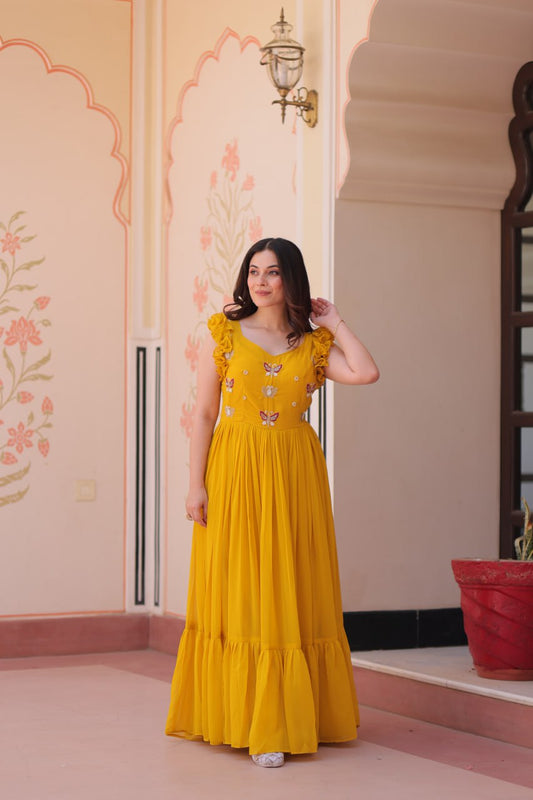 Yellow Floral Embroidered Anarkali Gown Long Gown Sequin Embroidered Anarkali Floral Gown