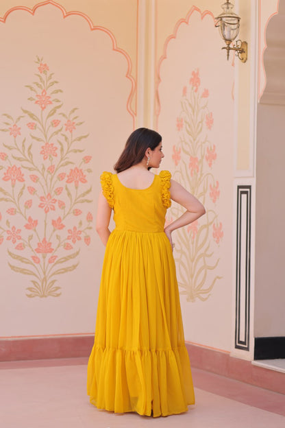Yellow Floral Embroidered Anarkali Gown Long Gown Sequin Embroidered Anarkali Floral Gown