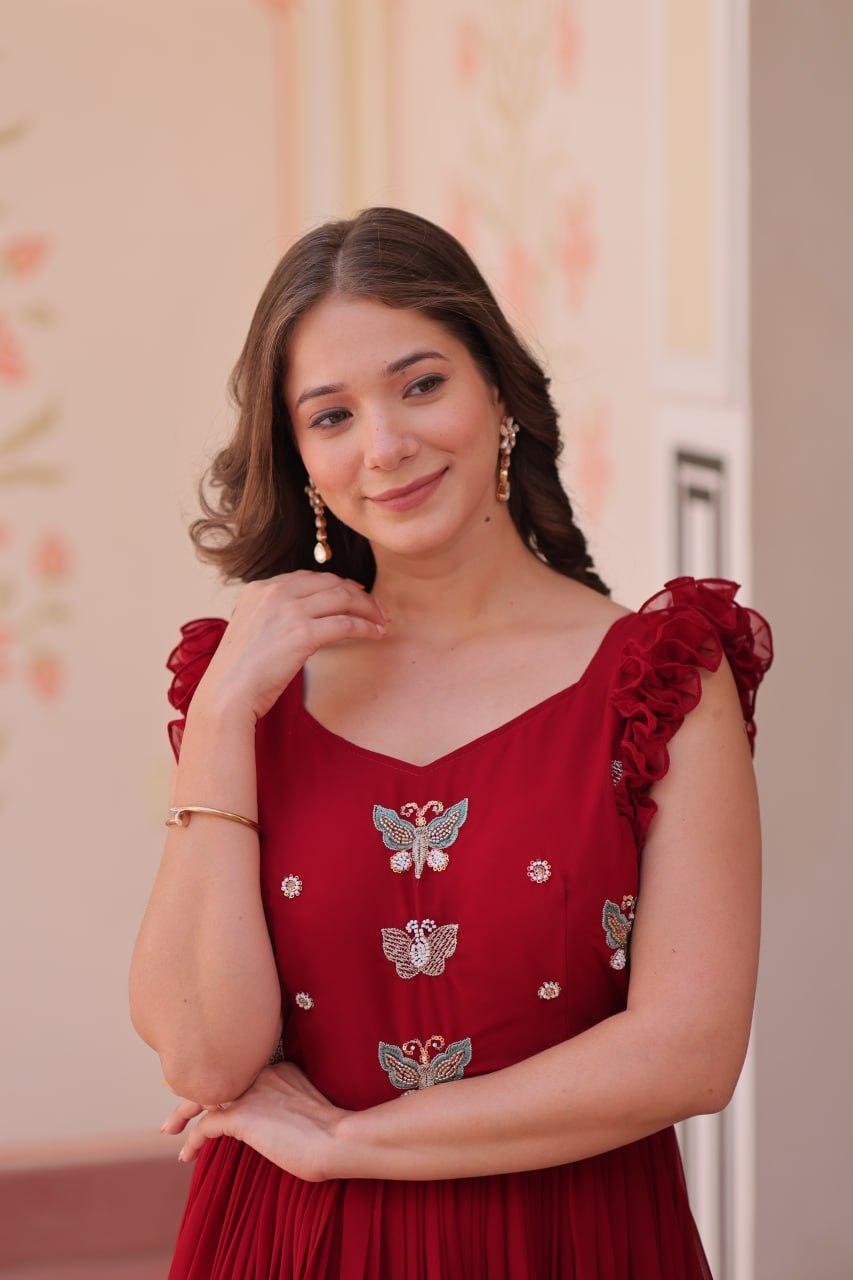 Red Floral Embroidered Anarkali Gown Long Gown Sequin Embroidered Anarkali Floral Gown