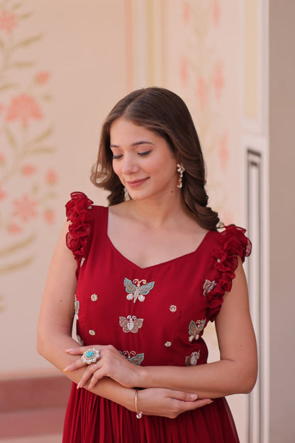 Red Floral Embroidered Anarkali Gown Long Gown Sequin Embroidered Anarkali Floral Gown