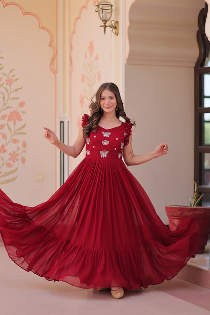 Red Floral Embroidered Anarkali Gown Long Gown Sequin Embroidered Anarkali Floral Gown