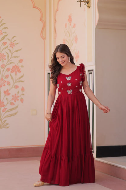 Red Floral Embroidered Anarkali Gown Long Gown Sequin Embroidered Anarkali Floral Gown