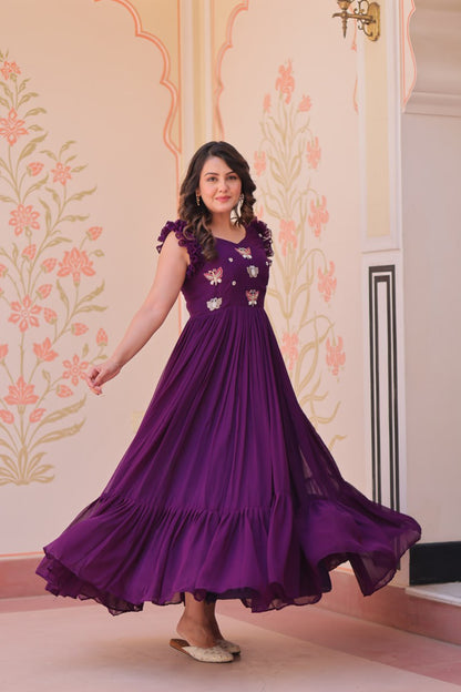Purple Floral Embroidered Anarkali Gown Long Gown Sequin Embroidered Anarkali Floral Gown