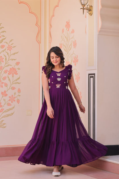 Purple Floral Embroidered Anarkali Gown Long Gown Sequin Embroidered Anarkali Floral Gown