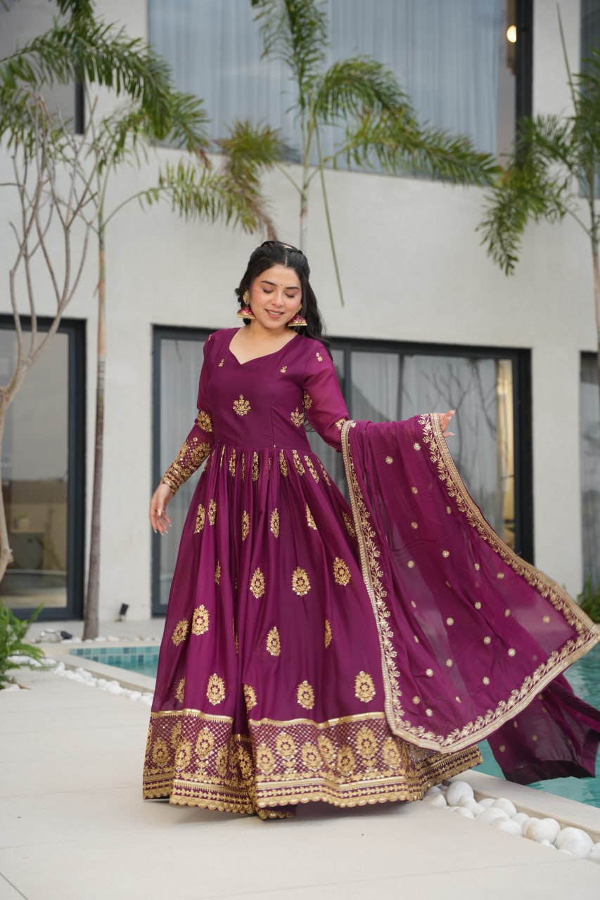 Purple Lunching New Trending Collection Ready To Wear In Embroidery And Sequins Work Beautiful Gown With Heavy Dupatta