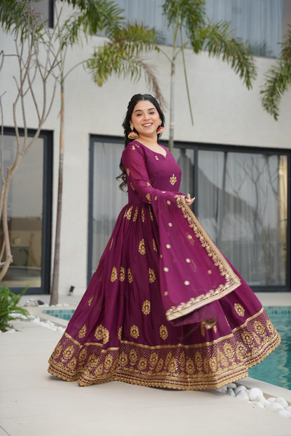 Purple Lunching New Trending Collection Ready To Wear In Embroidery And Sequins Work Beautiful Gown With Heavy Dupatta