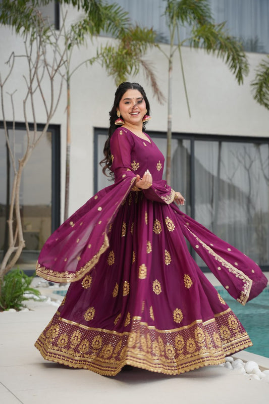 Purple Lunching New Trending Collection Ready To Wear In Embroidery And Sequins Work Beautiful Gown With Heavy Dupatta