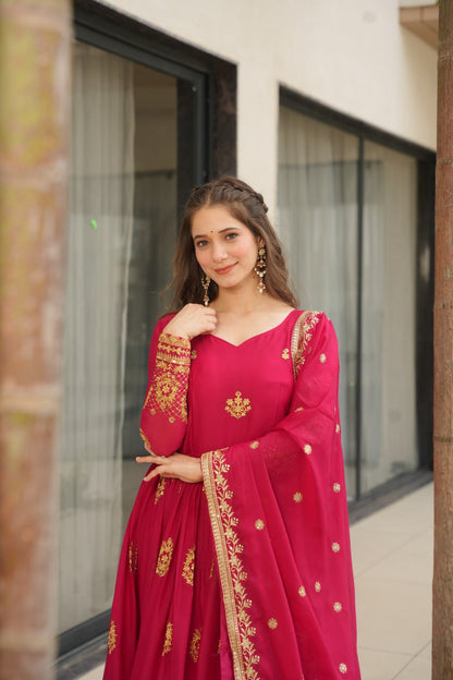 Red Lunching New Trending Collection Ready To Wear In Embroidery And Sequins Work Beautiful Gown With Heavy Dupatta