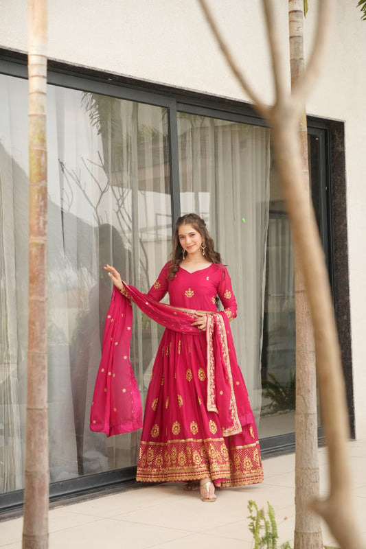 Red Lunching New Trending Collection Ready To Wear In Embroidery And Sequins Work Beautiful Gown With Heavy Dupatta