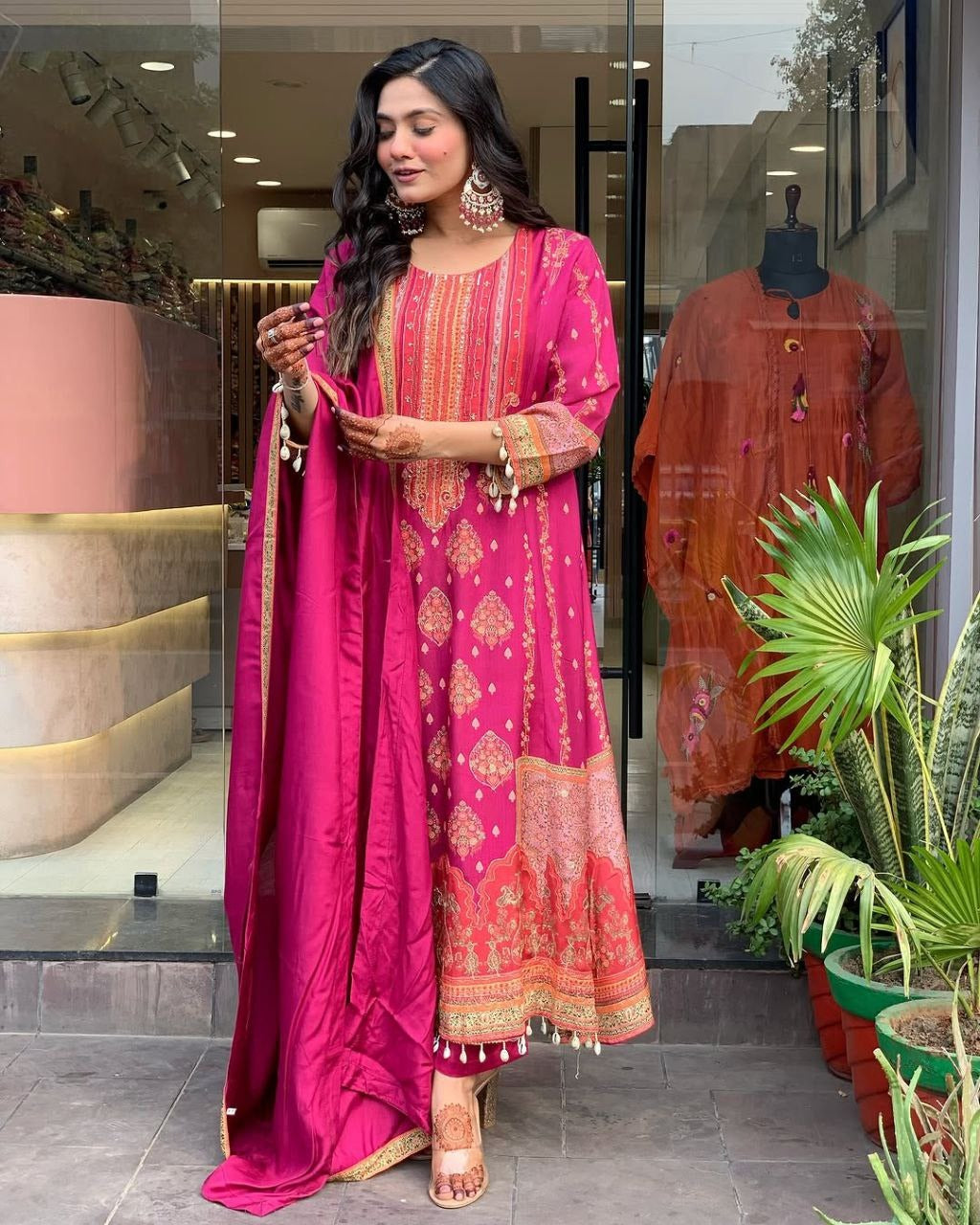 Dark pink Elegant Ethnic Suit Set with Woven Dupatta  Traditional Festive & Party Wear for Women