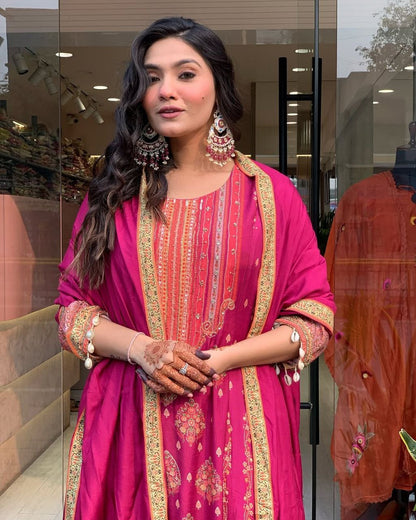 Dark pink Elegant Ethnic Suit Set with Woven Dupatta  Traditional Festive & Party Wear for Women