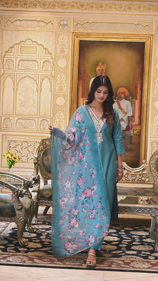 Teal Blue Kurti Pant and dupatta set For Women