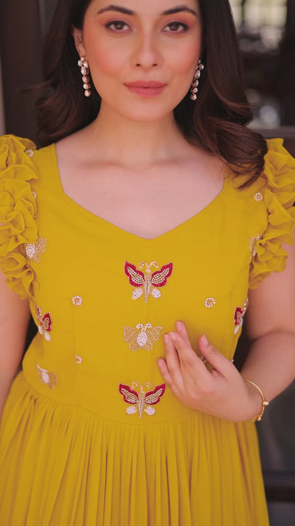 Yellow Floral Embroidered Anarkali Gown Long Gown Sequin Embroidered Anarkali Floral Gown
