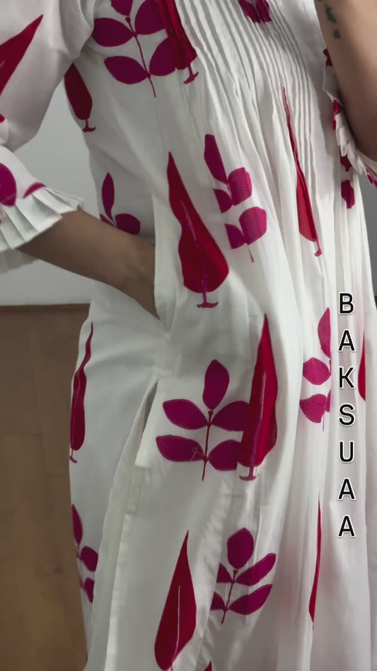 White & Pink Women Block Print Pure Cotton Aline Kurta With Pocket And Pant Best For Summer